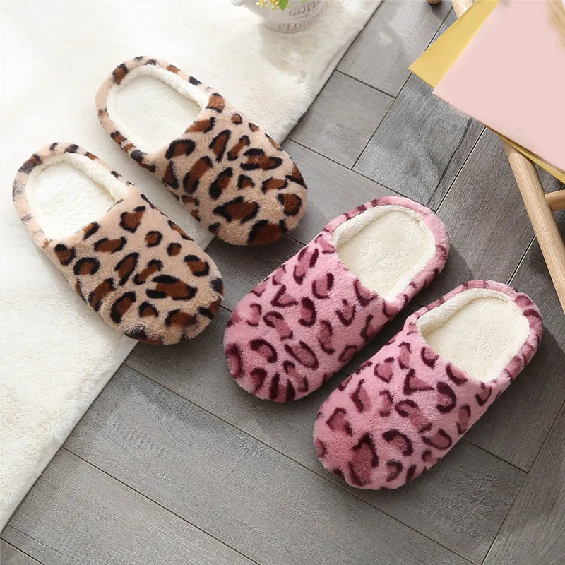 Indoor Bedroom Women Men Couples Floor Shoes Winter Household Fur Slippers Leopard Print Non-Slip Soft Warm House Slides