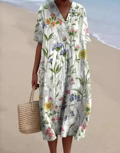 Women Floral Print Summer Maxi Dresses Colorful V Neck Short Sleeve Casual Loose Vacation Workout Beachwear Dress Robe Traf 2025