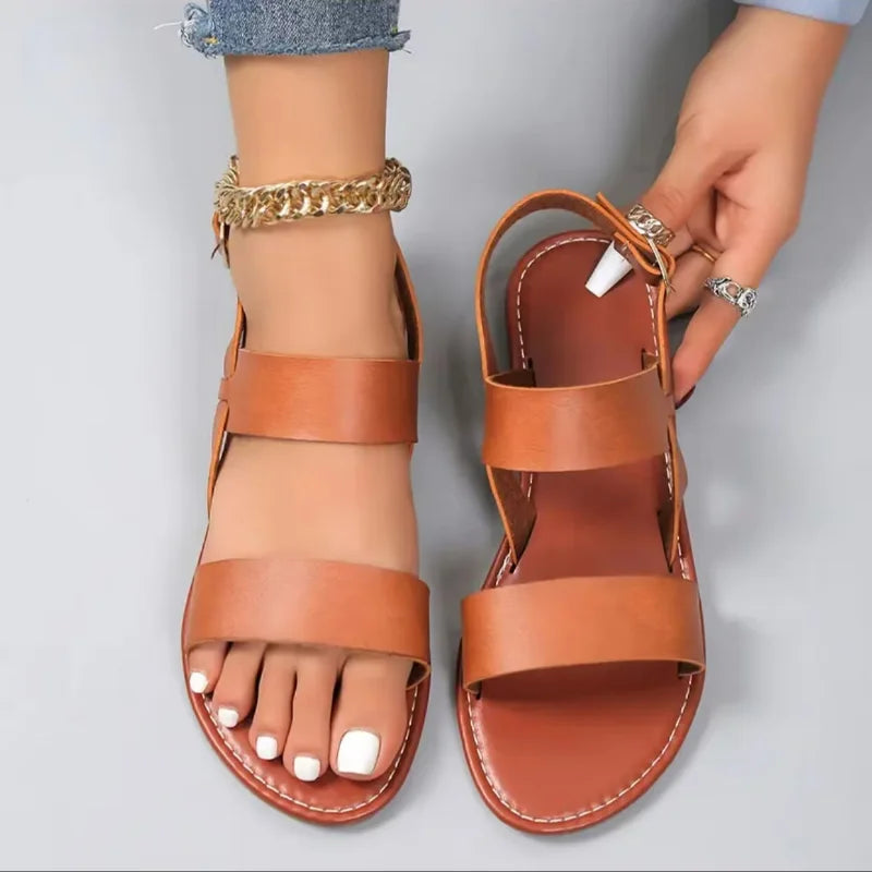 New Women Flat Sandals Leather Cross Strap Rome Style High Quality Summer Ladies Shoes Buckle Strap Zapatos De Mujer