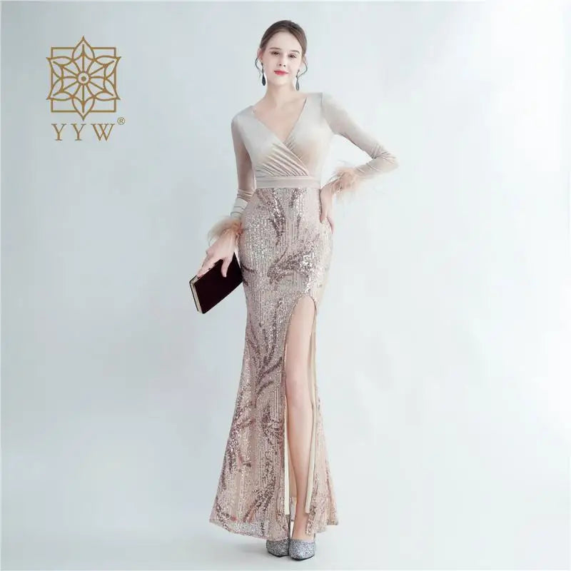 Black Dress For Women 2023 Deep V Autumn Winter Formal Evening Mermaid Long Sleeve Feather Maxi Cocktail Vestidos Celebrity Gown
