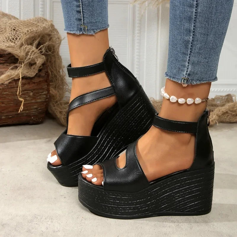 Slope heel sandals 2025 summer fashion lightweight thick sole non-slip high heels women's shoes back zipper leather Roman shoes