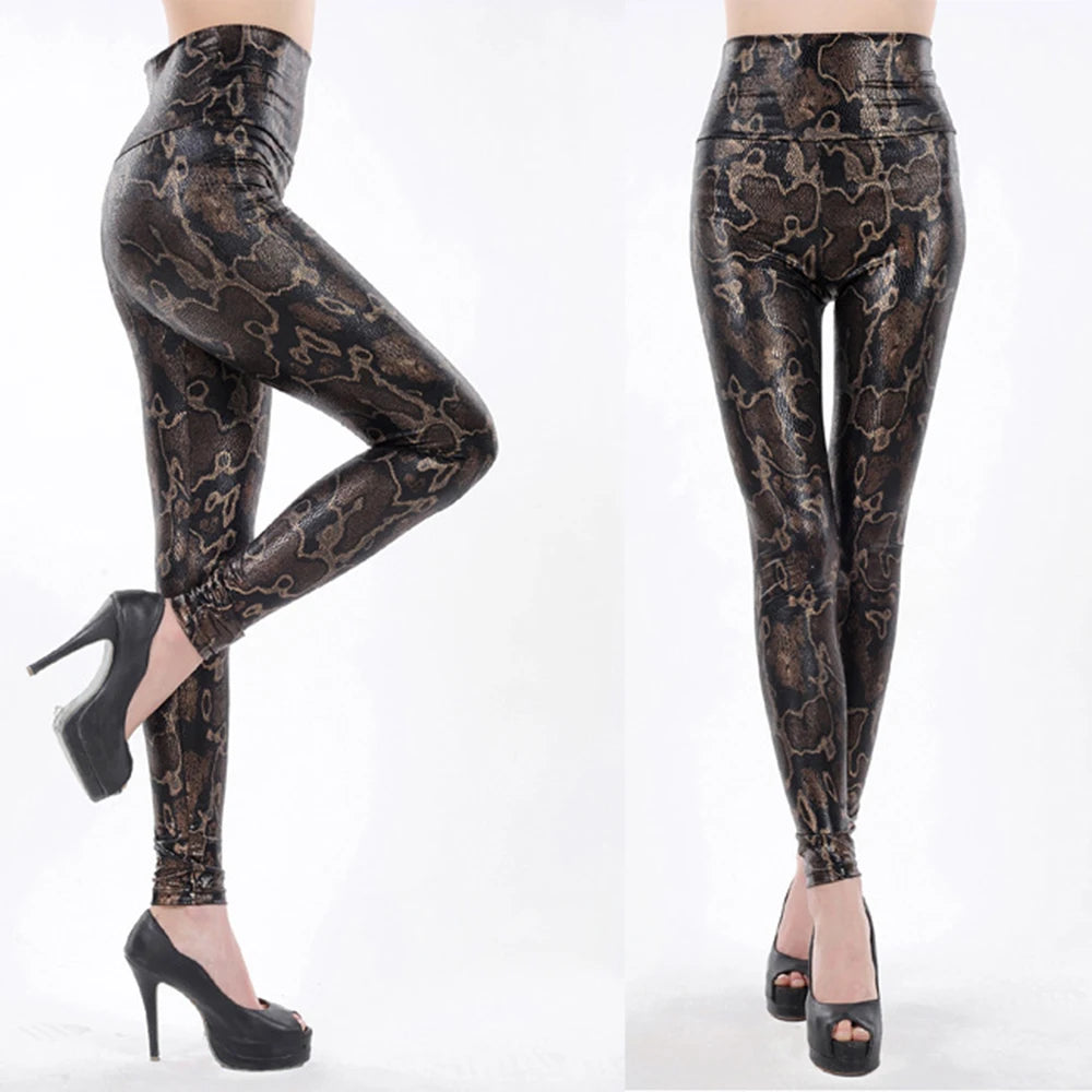 Women Sexy Faux Leather Leopard Patterned High Waist Shiny Wet Shiny Print Slim Pants Stretch Leggings Cropped Female Pants