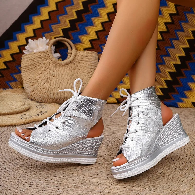 Wedge Sandals Women Summer New Round Toe Open Toe Front Strappy Platform Non-Slip Wear-Resistant Back Empty Heels Shoes