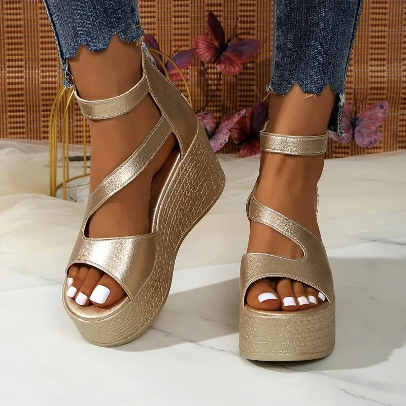 Slope heel sandals 2025 summer fashion lightweight thick sole non-slip high heels women's shoes back zipper leather Roman shoes