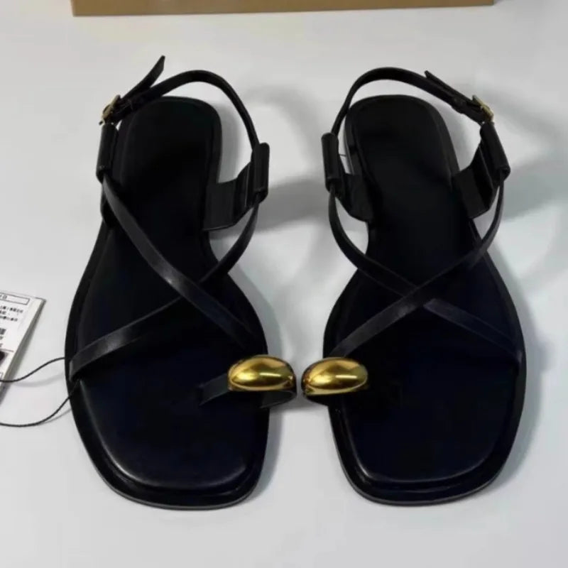 Sexy Thin Straps Flat Sandals Women 2025 Summer Footwear Chic Metal Square Toe Soft Leather Beach Traf Shoes for Lady Wholesale