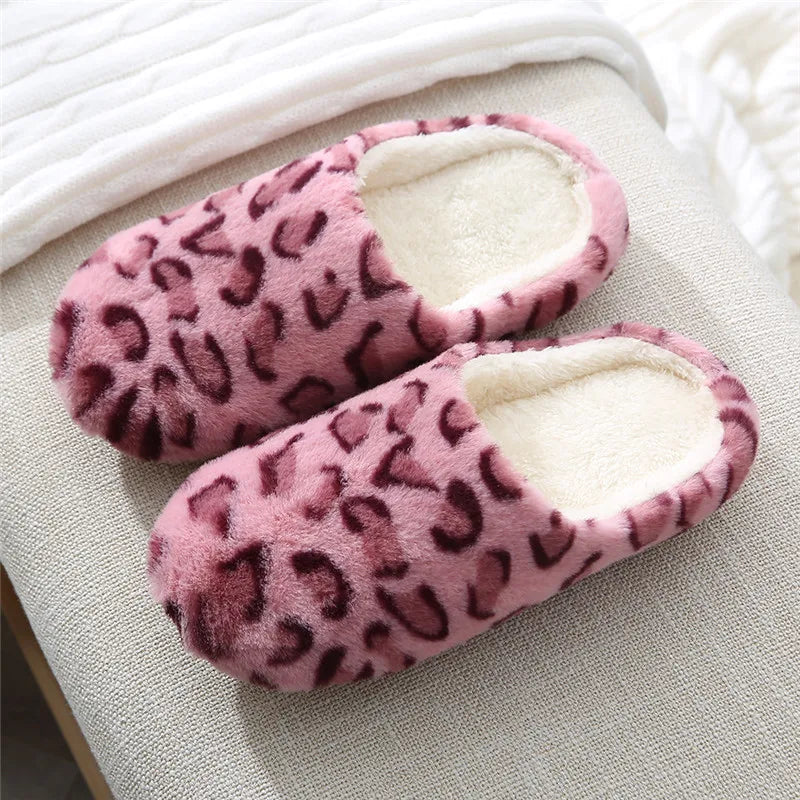 Indoor Bedroom Women Men Couples Floor Shoes Winter Household Fur Slippers Leopard Print Non-Slip Soft Warm House Slides