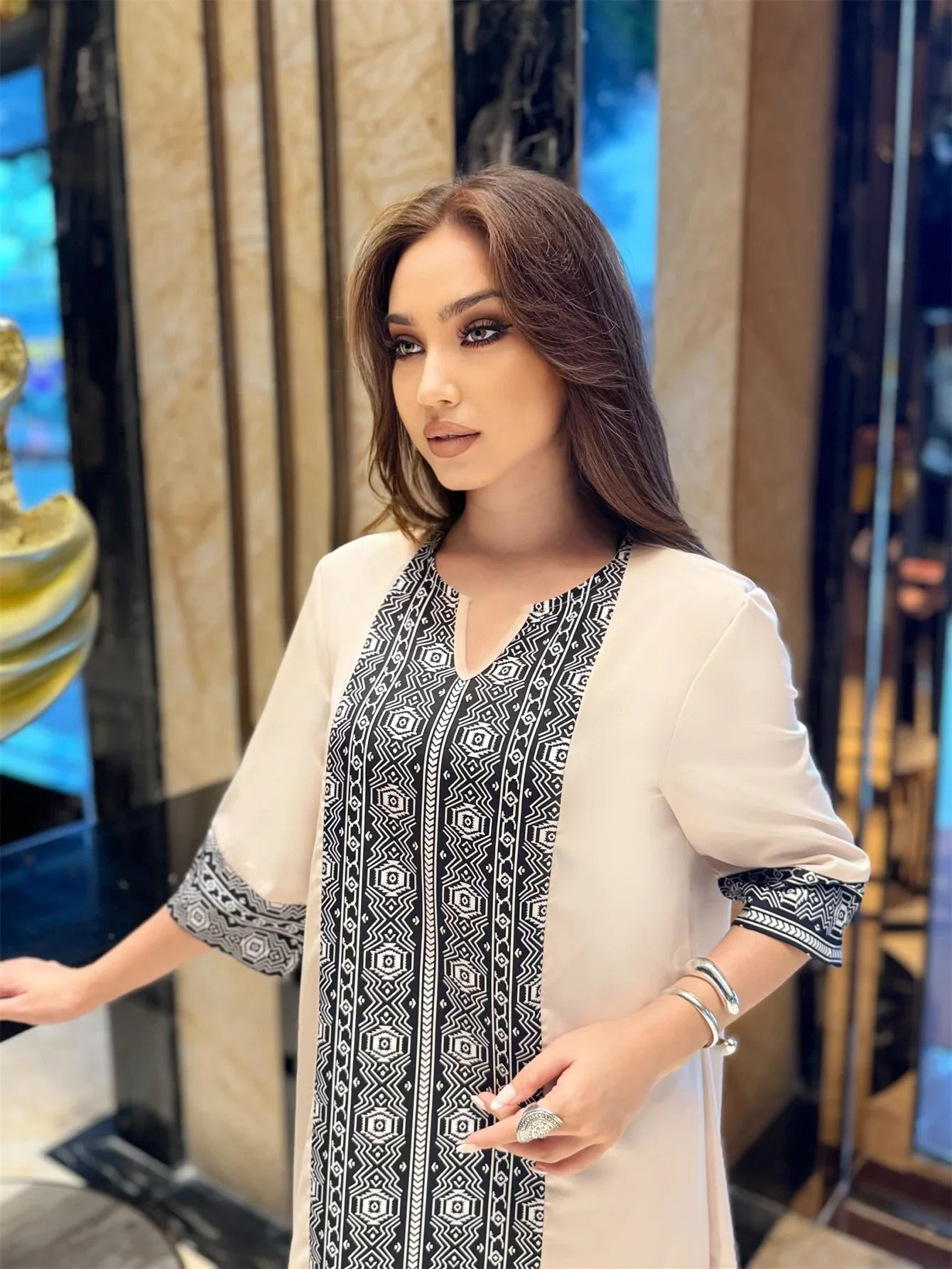 Muslim Maxi Dresses for Women Hijab Dress Elegant Woman Printed Ayabas Dresses Half Sleeve
