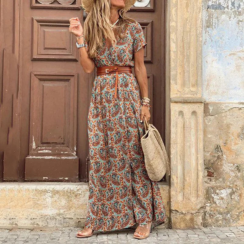 Elegant Floral Pleated H shaped Midi Dress Female V Neck Puff Sleeve Waist Ruched Button Dresses Women Summer Dress Robe