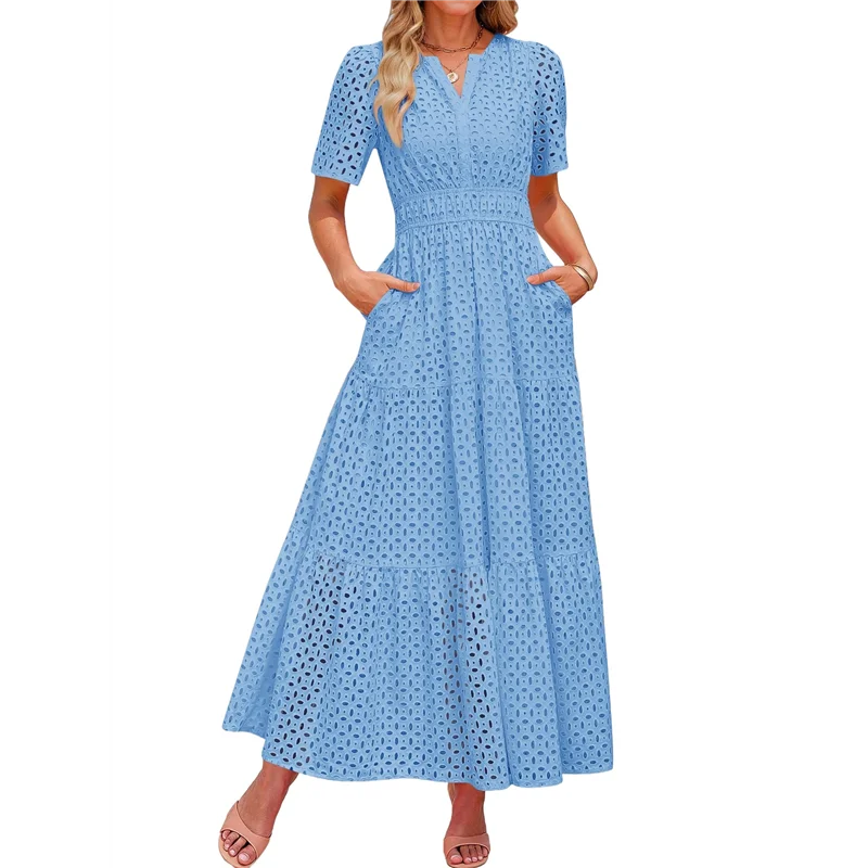 ASDS-Women's Summer Short Sleeve Maxi Dress Casual V Neck Hollow Out Eyelet Ruffle Swing A Line Long Dresses