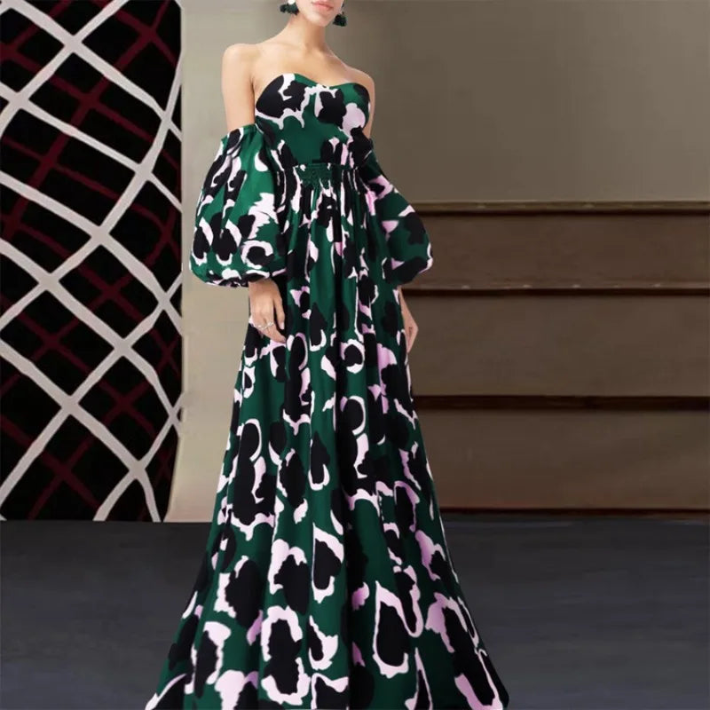 Bohemian Bird Print Maxi Dress Elegant V - Neck Bell Sleeve Tiered Dress for Vacation Party & Daily Wear