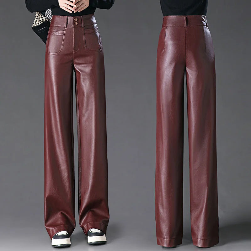 Black Red Leather Pants For Women Casual PU Leather Pants Women's Pants High-Waisted Straight Wide Leg Pants Autumn Winter