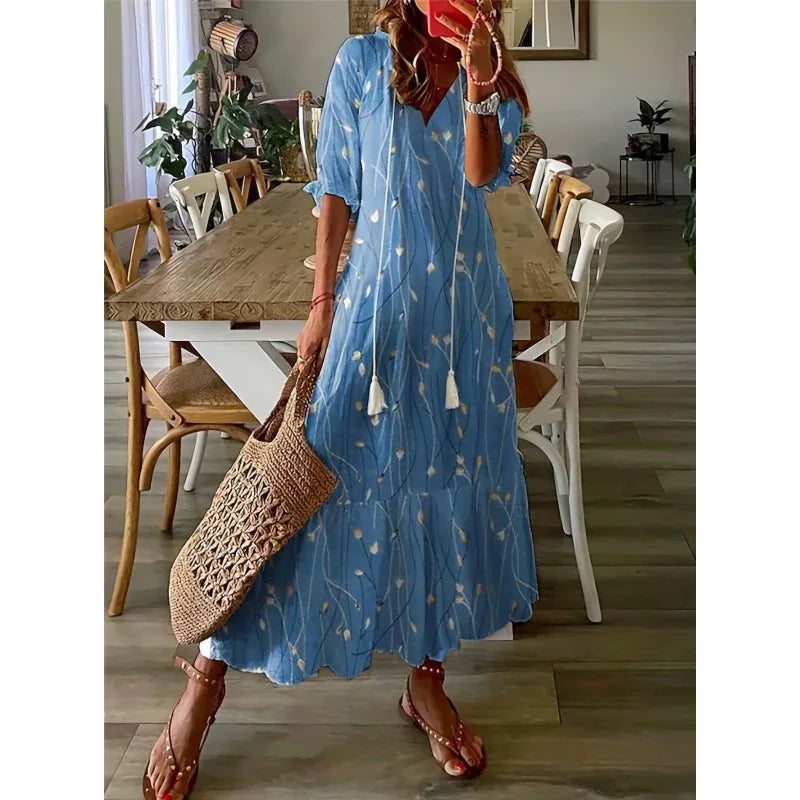 Elegant Boho Floral Print Beach Long Dresses For Women Fashion RufflesV-neck Short Sleeve Casual Sweet Loose Maxi Dress