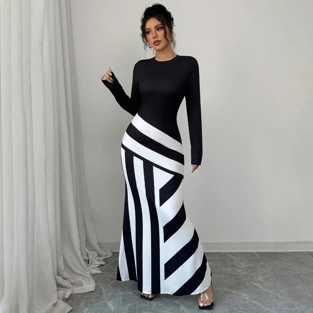 Women Long Sleeve Black White Striped Bodycon Maxi Long Mermaid Dress 2025 Autumn Streetwear Evening Party Vestidos Sexy Dresses