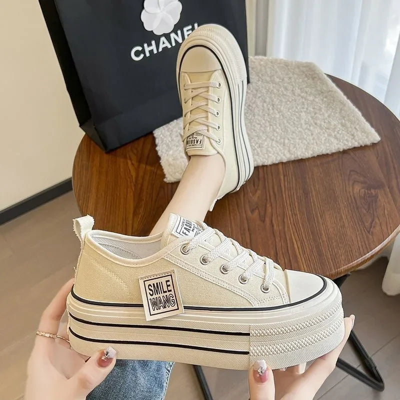 Women Black White Canvas Shoes Platform Sneakers Lace Up Comfortable Shoes Fashion Outdoor Versatile Sport Vulcanize Shoes