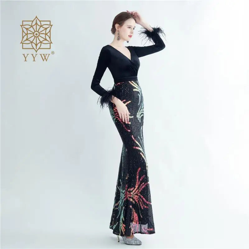Black Dress For Women 2023 Deep V Autumn Winter Formal Evening Mermaid Long Sleeve Feather Maxi Cocktail Vestidos Celebrity Gown