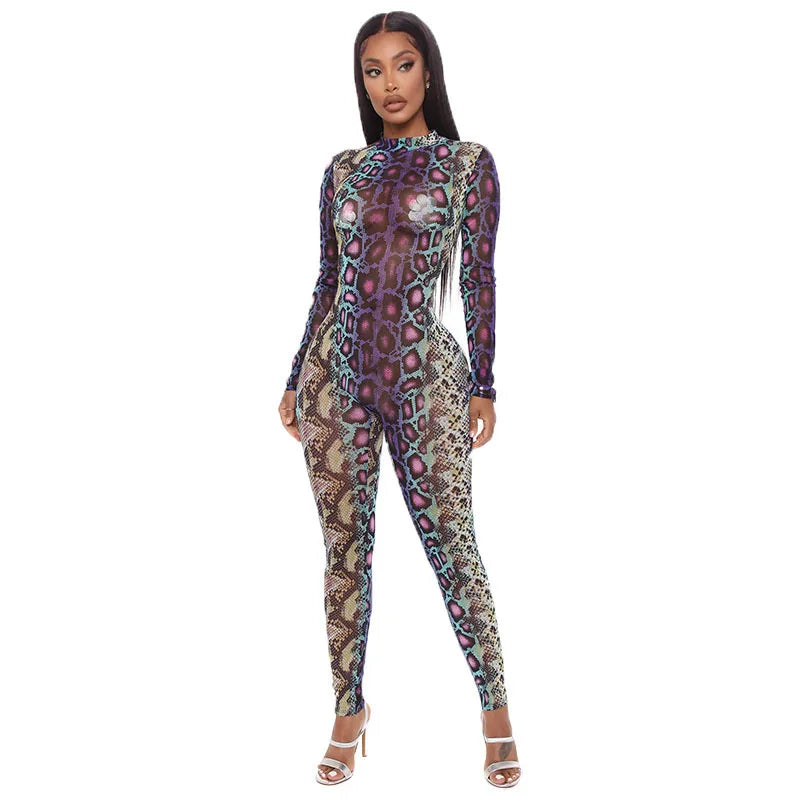Women's Summer New Snake Patterned Long Sleeved Tight Fitting Jumpsuit One-piece Pants High Street Matching Nightclub Matching