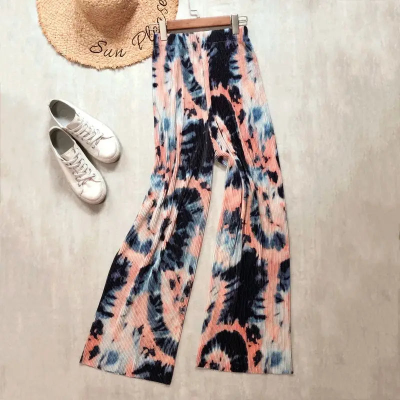 REALEFT 2024 New Spring Summer Painting Printed Long Pants Vintage High Waist Street Casual Loose Wide Leg Trousers Female