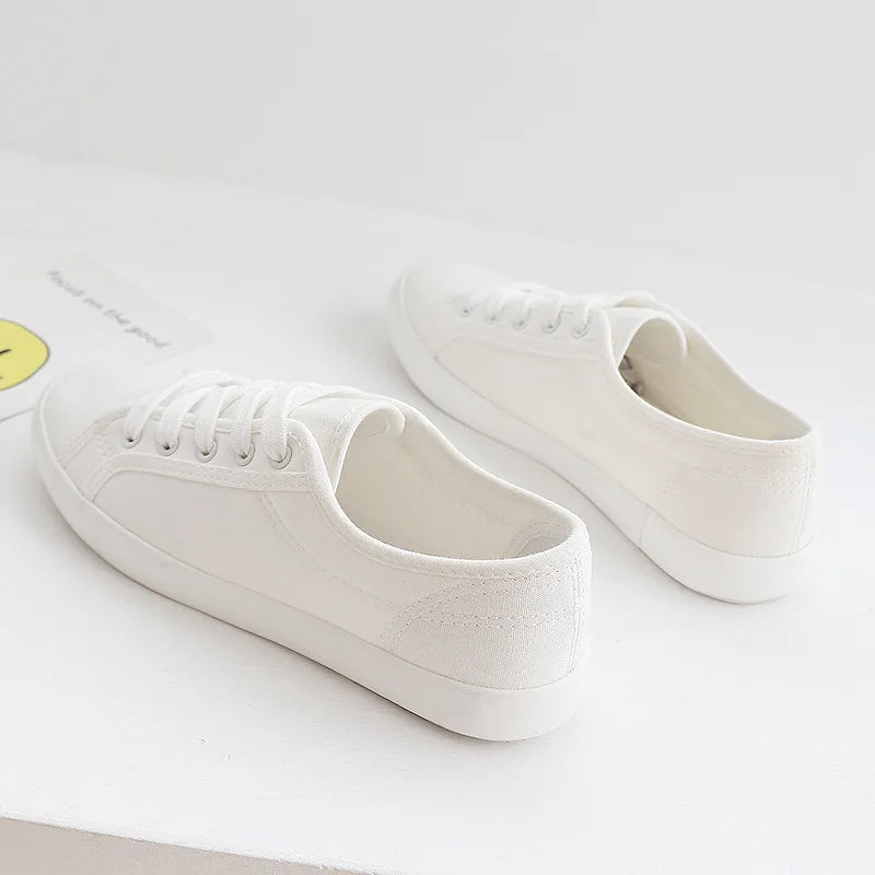Women's Low-top Canvas White Shoes Ladis Simple Student Breathable Lace-up Sneakers Comfortable Couple Shoes Sports Day Sneakers