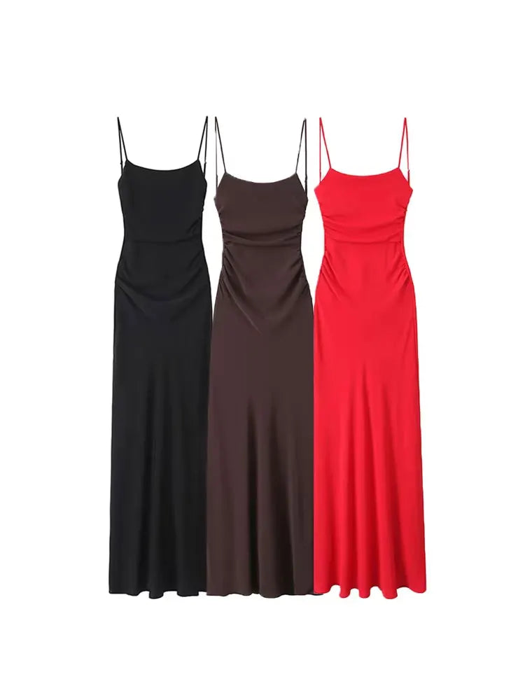 Draped Midi Dress for Women, Straight Neck, Thin Straps, Backless Female Dresses, Chic Fashion