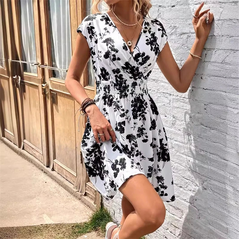 Floral Printed Midi Dresses For Women Casual Loose V-Neck Short Sleeeve Short Skirts Fashion Sexy Style High Waist Dresses