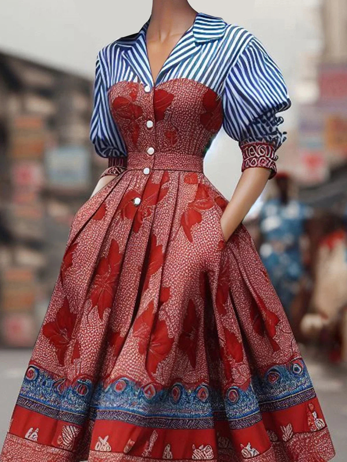 Elegant Bohemian Midi Dress for Women Fashionable Lapel Pleated Striped Floral Pattern Classic Ethnic Style Dress