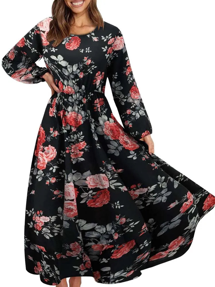 Elegant Floral Print Women Dress Spring Summer Casual O Neck Long Sleeve Chiffon A Line Long Maxi Dress Party Vestidos