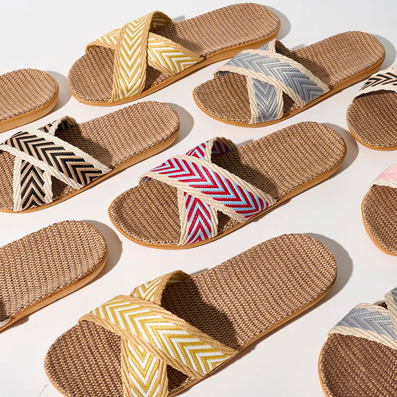 Ladies Linen Indoor Slippers Lightweight Comfortable Home Slippers Breathable Summer Slip-On Sandals