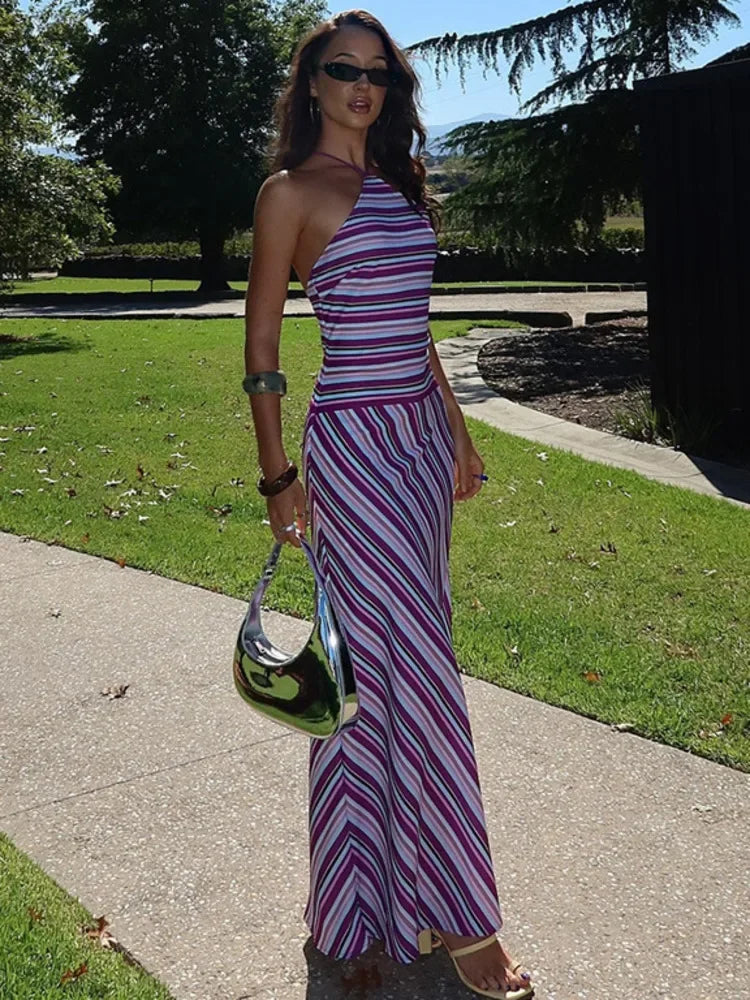 Striped Halter Print Sexy Maxi Dress For Women Off-shoulder Sleeveless Backless Lace-up Patchwork Fashion Holiday Dress