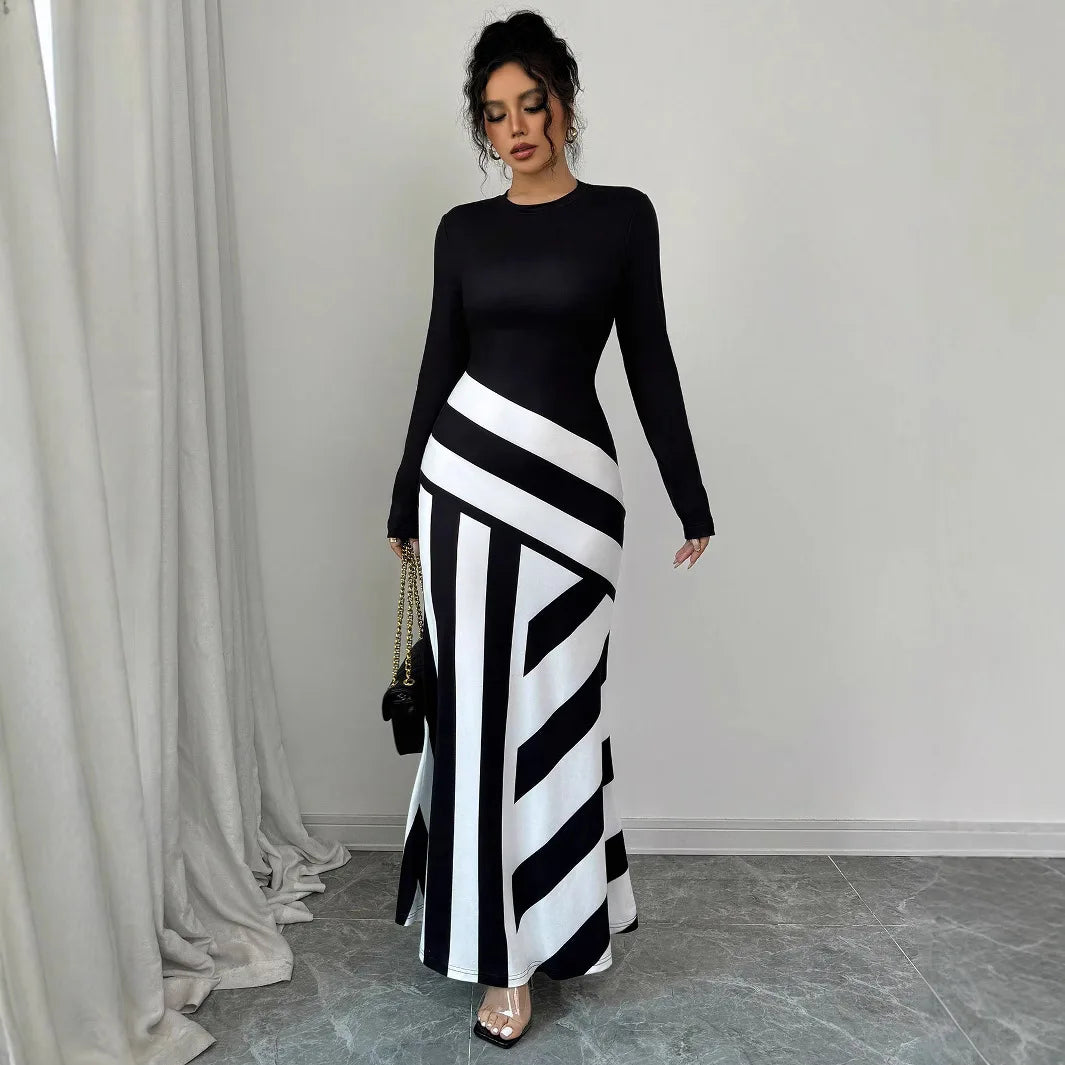 Women Long Sleeve Black White Striped Bodycon Maxi Long Mermaid Dress 2025 Autumn Streetwear Evening Party Vestidos Sexy Dresses