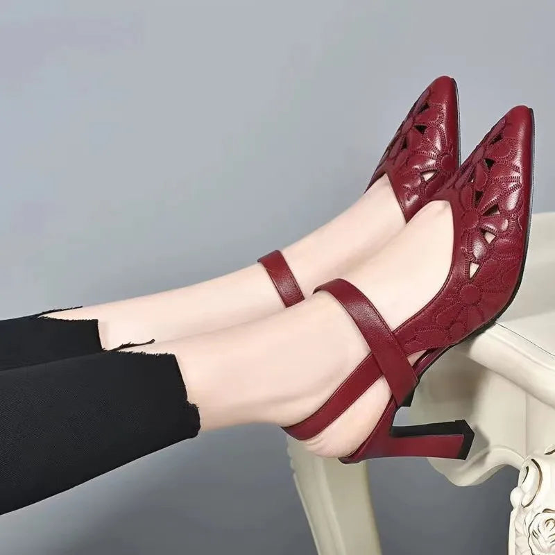 Ladies Shoes Pointed Toe Sandals for Women Block Heel Pumps Footwear Outdoor Red High Heels Spring Summer Chunky Heels Women