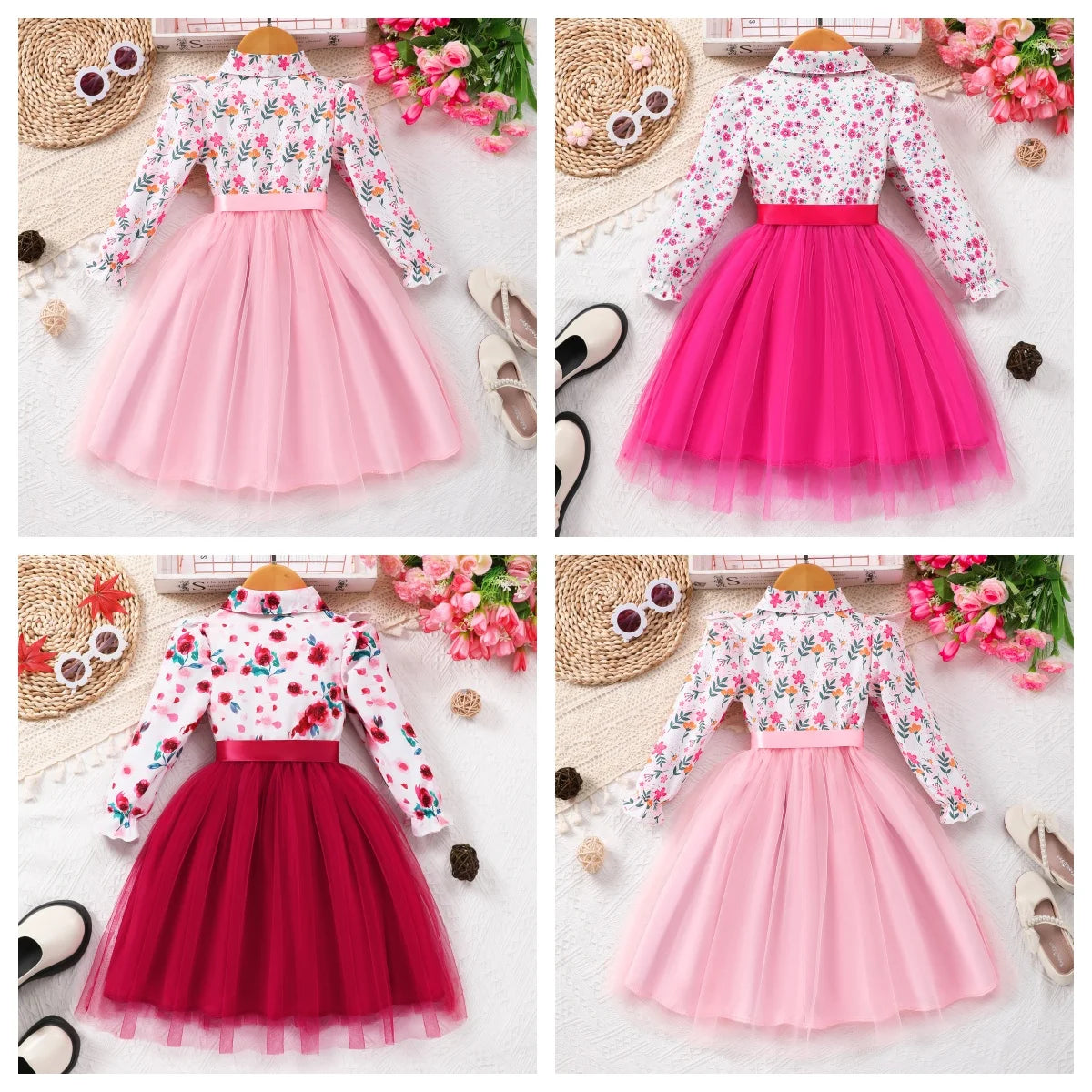 Long Sleeve Mesh Girls Stylish & Cute Ruffle Button Up Belted Dress for Fall & Winter Holiday, Outdoor Cloth with Floral Pattern
