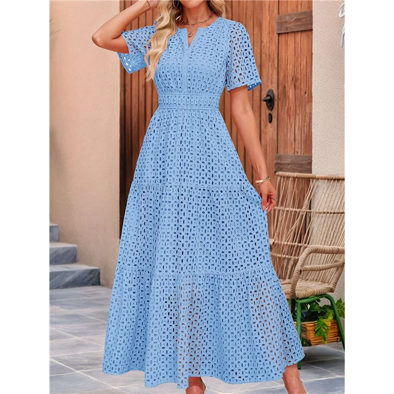ASDS-Women's Summer Short Sleeve Maxi Dress Casual V Neck Hollow Out Eyelet Ruffle Swing A Line Long Dresses