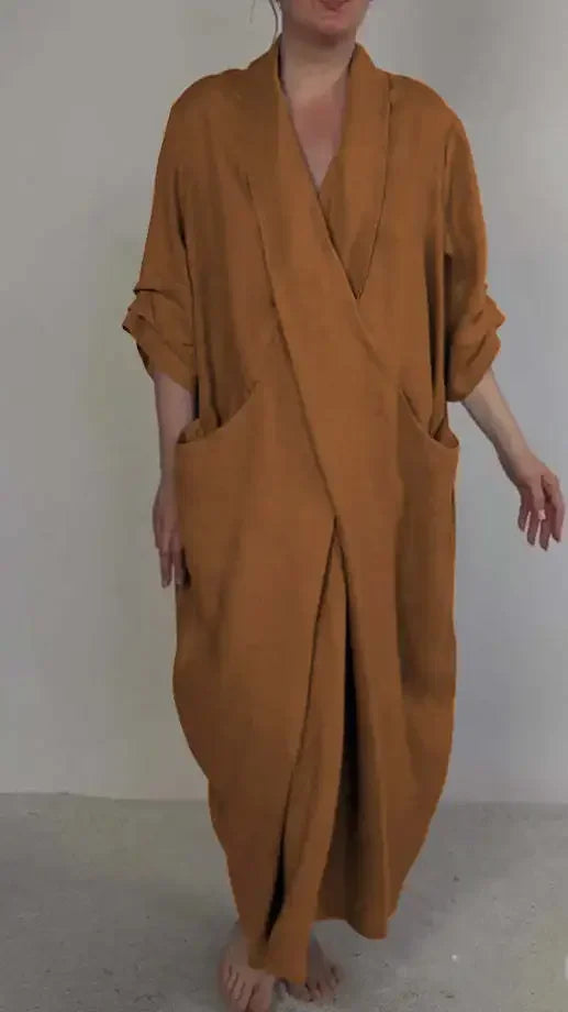 Women Loose Long Maxi Dress V Neck Full Length High Waist Solid Color Ankle Length Dress Summer
