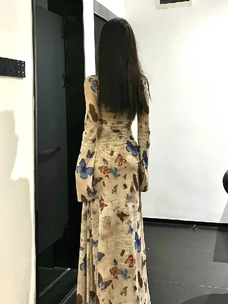 Maxi Dresses Women Vintage Butterfly-print Elegant Holiday Slim Temper Aesthetic Party Fashion Flare Sleeve Vestidos De Mujer