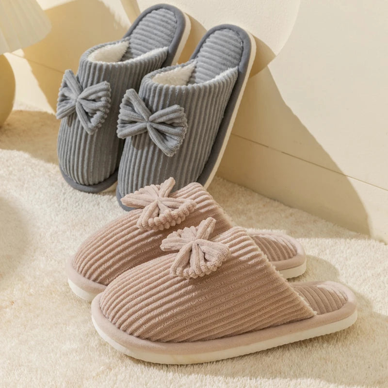 Women’s Bowknot Plush Slippers – Cozy Indoor Fleece Slides