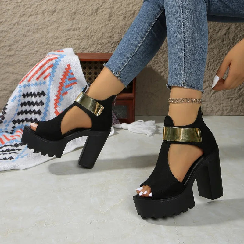 Women Classic High Heel Sandals Fashion New Round Toe Suede Open Toe Cutout Platform Rear Zipper Non-Slip Block Heel Shoes