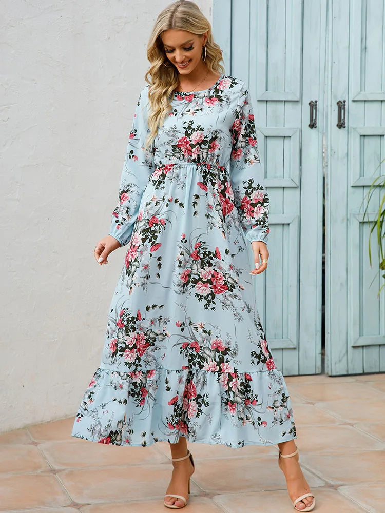 Elegant Floral Print Women Dress Spring Summer Casual O Neck Long Sleeve Chiffon A Line Long Maxi Dress Party Vestidos