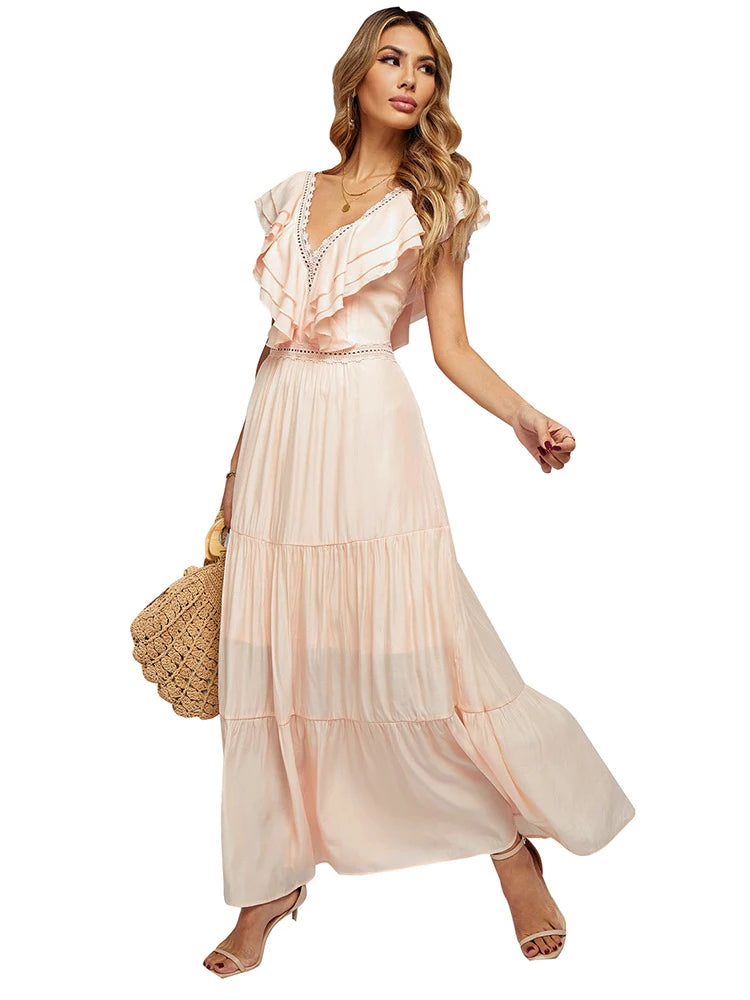 Summer Floral Lace Dress Women Elegant Party White Maxi Dress V Neck Wedding Long Dress Short Sleeve Hollow Out Woman Dress