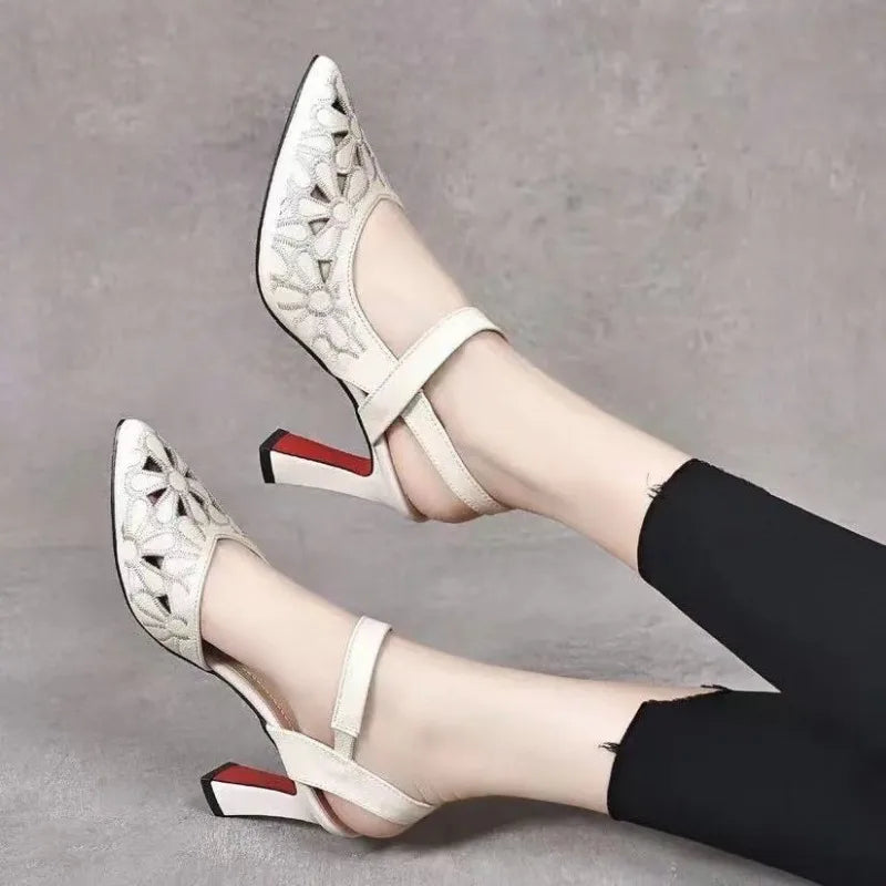 Ladies Shoes Pointed Toe Sandals for Women Block Heel Pumps Footwear Outdoor Red High Heels Spring Summer Chunky Heels Women