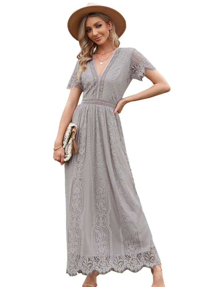 Summer Floral Lace Dress Women Elegant Party White Maxi Dress V Neck Wedding Long Dress Short Sleeve Hollow Out Woman Dress