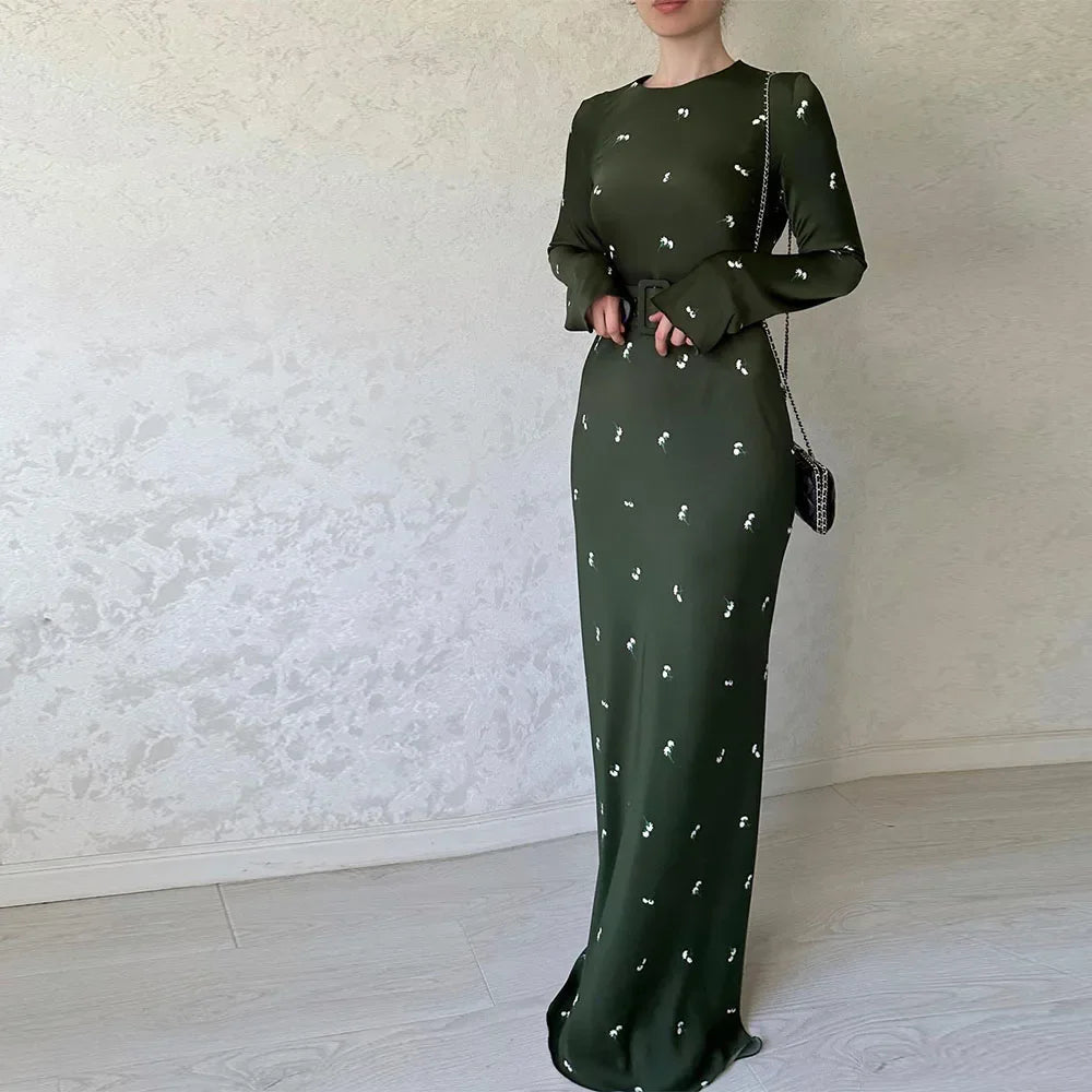 Floral Print Dresses Women Autumn Winter Long Sleeve Green Maxi Dress With Belt Female Elegant Vintage Casual Loose Long Dresses