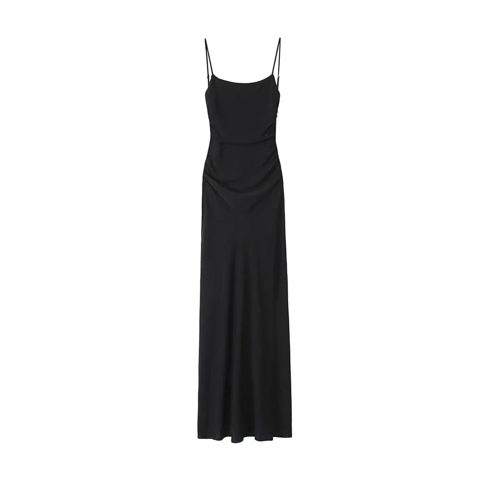 Draped Midi Dress for Women, Straight Neck, Thin Straps, Backless Female Dresses, Chic Fashion