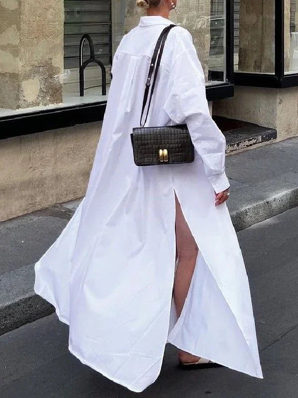 White Maxi Dresses for Women 2025 Spring Summer Clothing Split-side Woman Simple Casual Buttoned Long Shirt Dress
