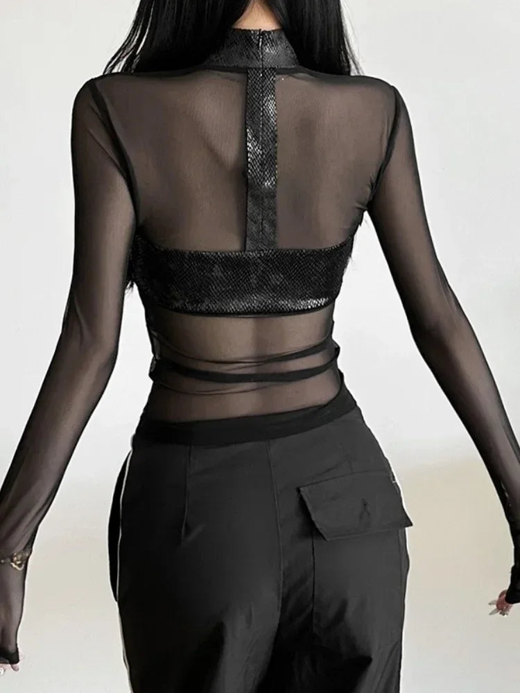 Long Sleeve Mesh T Shirts For Women Edgy Clothes Y2k Accessories Black Crop Top See Through Camisetas Skinny Sexy Ropa De Mujer