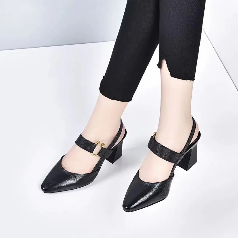 Sandals Baotou New Spring and Summer Medium Heel Block Heel One Buckle Women's Singles High Heels