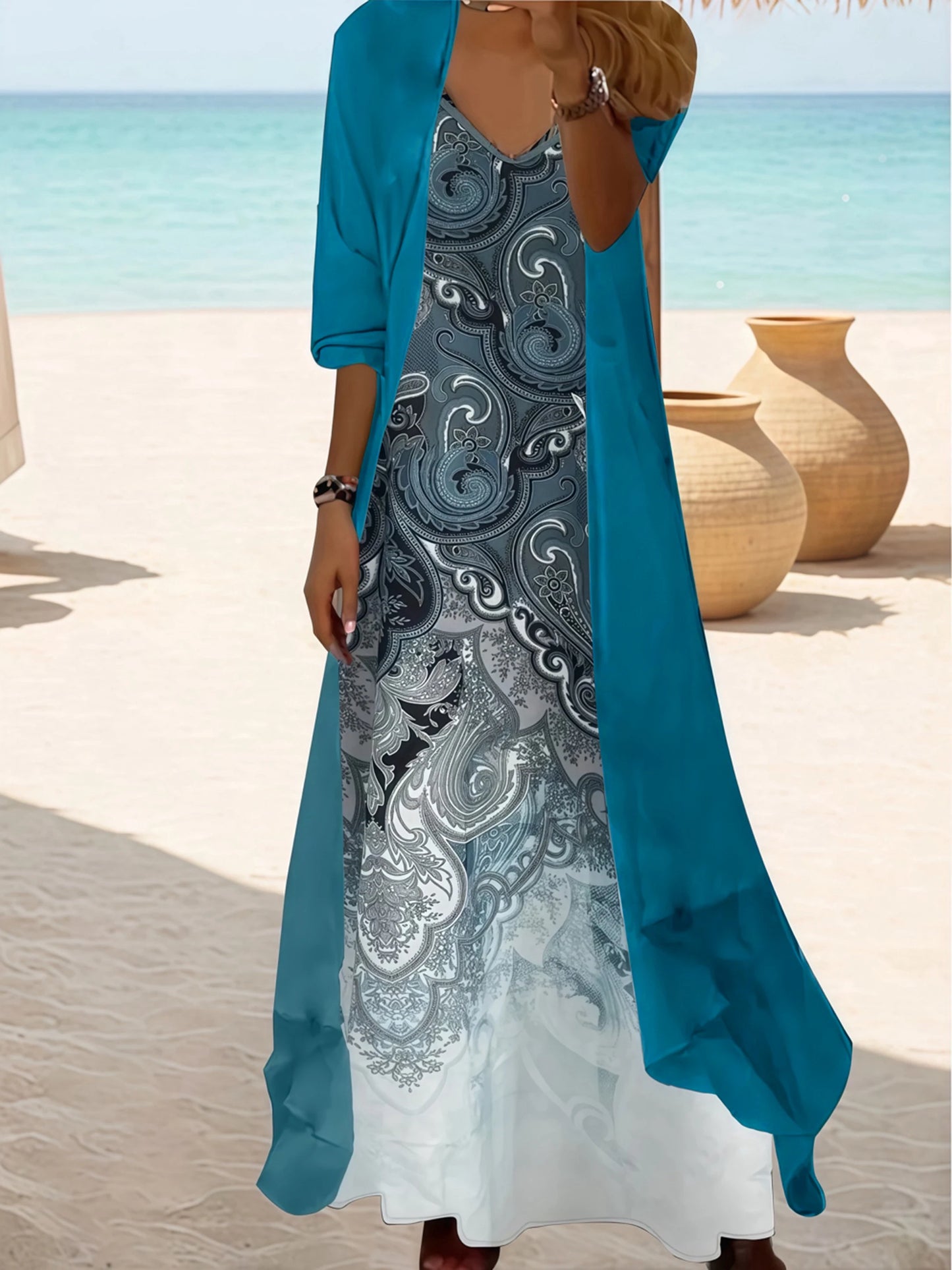 Plus Size Floral Print Maxi Dress with Sheer Cover, Bohemian V-Neck Two Piece Set