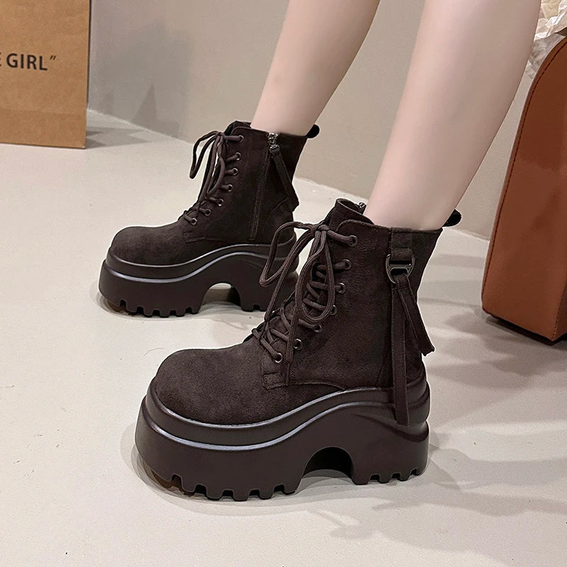 Ankle Boots For Women New 2025 Winter Motorcycle Boots 9CM Wedge Heels High Platform Shoes Woman Autumn Thick Sole Punk Boots