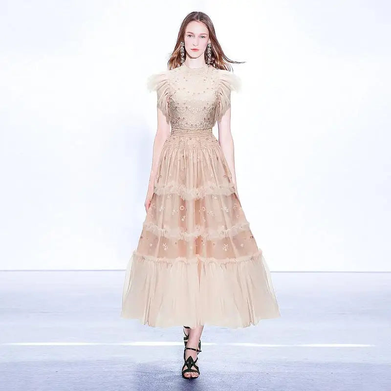 Embroidered Floral Flying Sleeve Lady Dress 2025 Summer O-Neck Elastic Waist Ruffles Mesh Women's Long Dresses