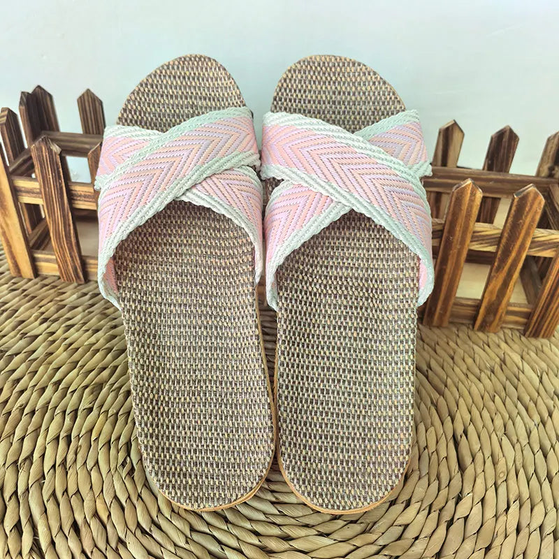 Ladies Linen Indoor Slippers Lightweight Comfortable Home Slippers Breathable Summer Slip-On Sandals