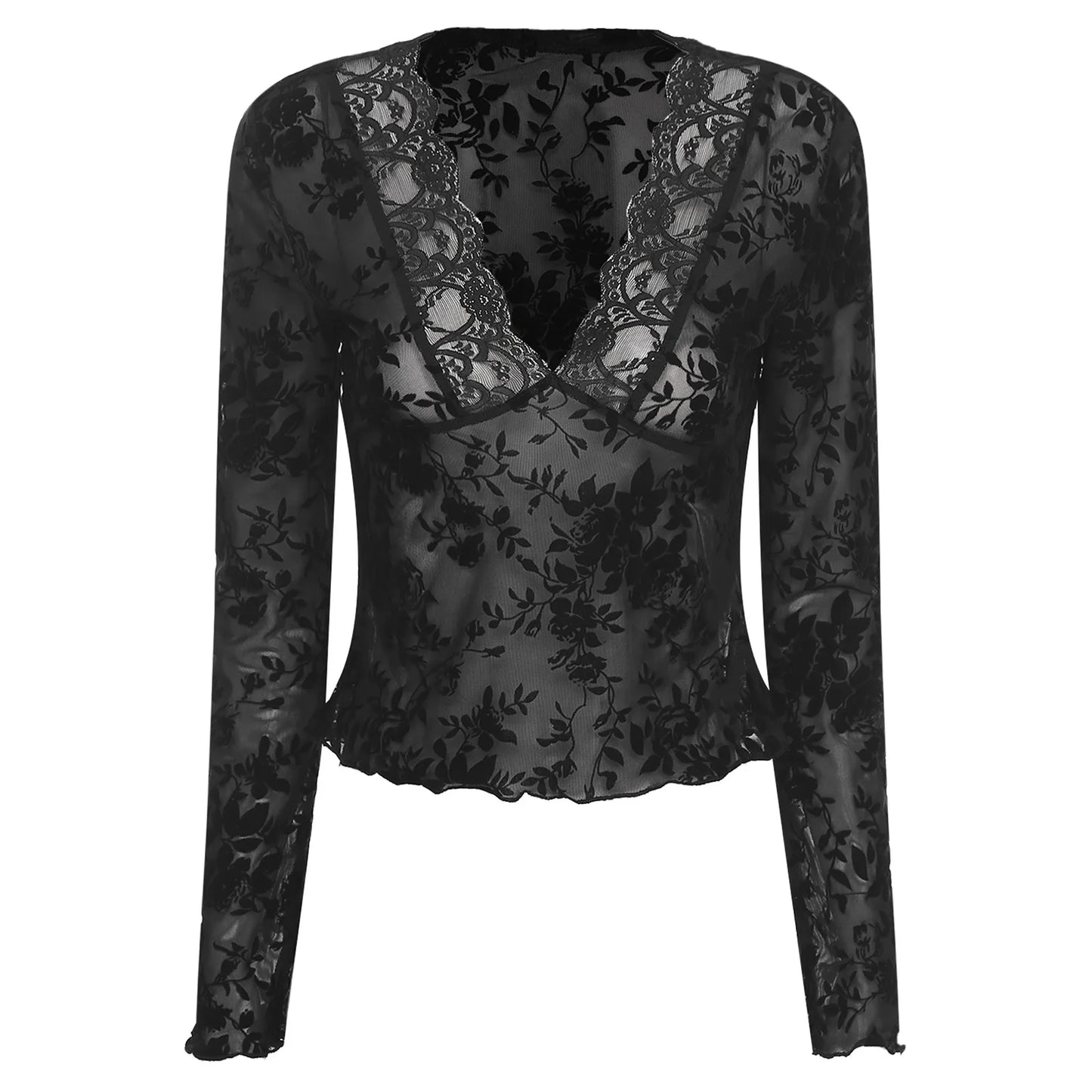 Womens Sheer Mesh Floral Crop T-shirt Tops Long Flared Sleeve V Neck Lace Trim Blouses Velvet Flocked Slim-fit Blouses Tops